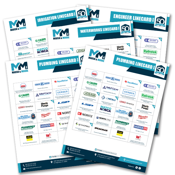 spread out collection of white and blue line card documents from Marsh & Moore